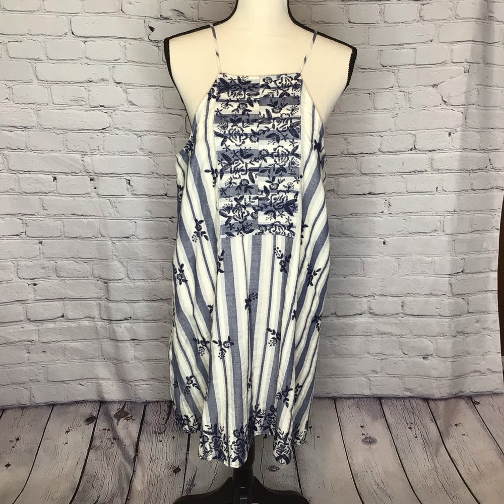 Miami Cream and Blue Embroidered Spaghetti Strap Shift Dress Large